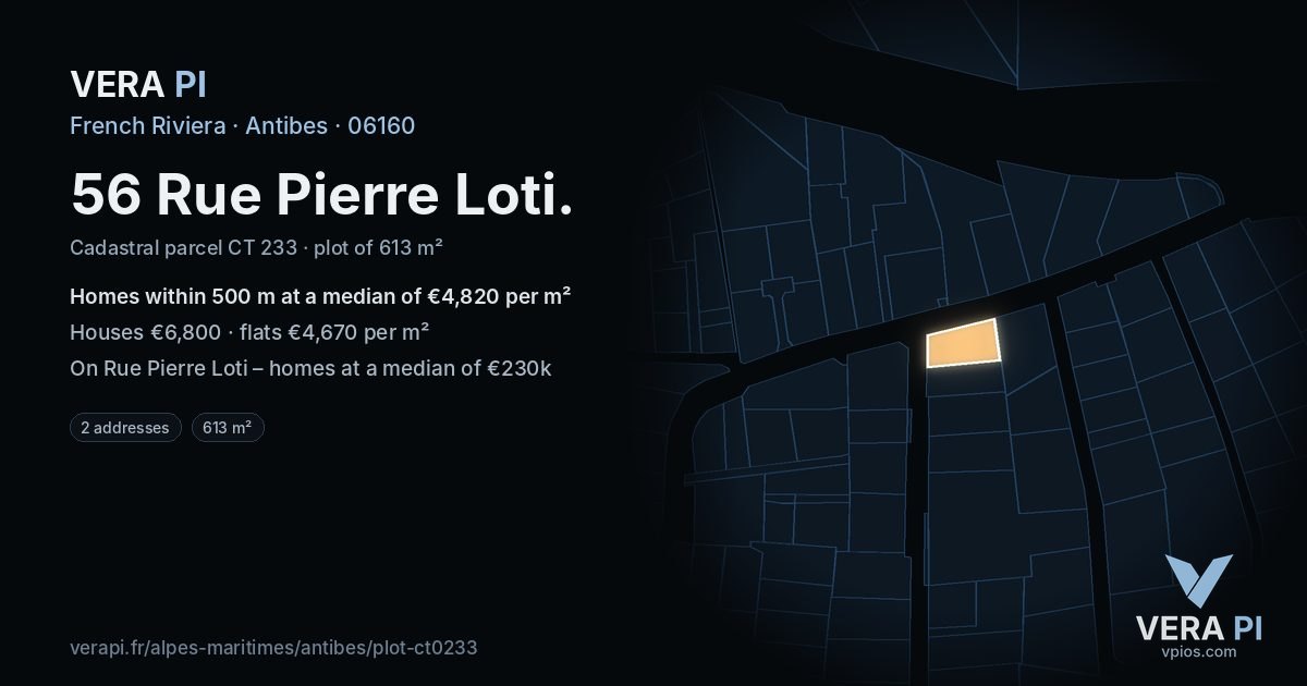 56 Rue Pierre Loti, Antibes at night – the plot lit, the parcels around coloured by the prices near them
