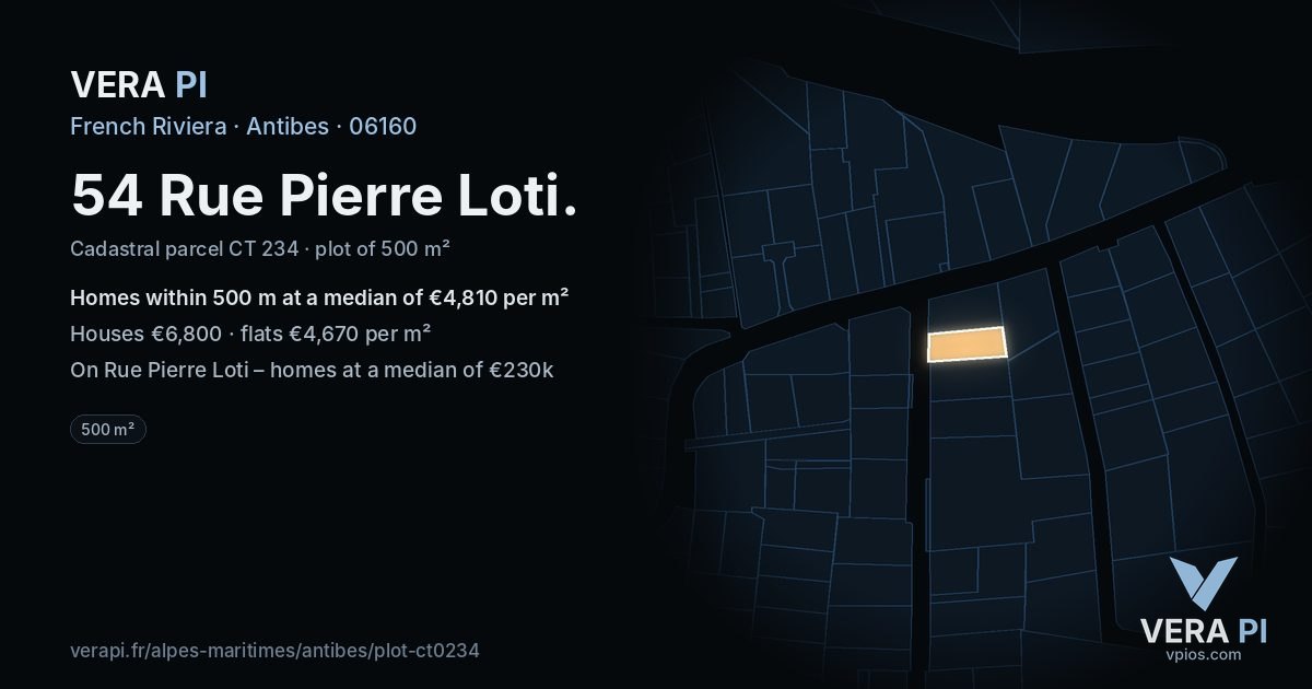 54 Rue Pierre Loti, Antibes at night – the plot lit, the parcels around coloured by the prices near them