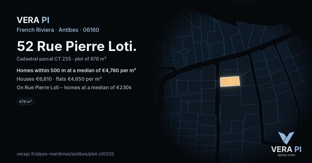 52 Rue Pierre Loti, Antibes at night – the plot lit, the parcels around coloured by the prices near them