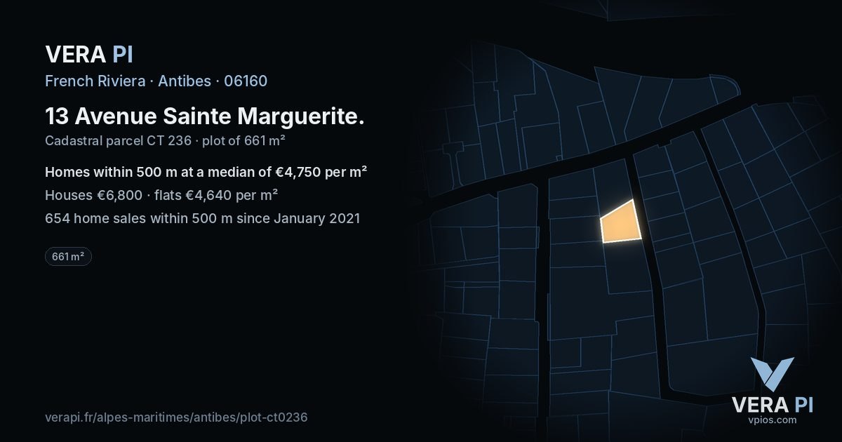 13 Avenue Sainte Marguerite, Antibes at night – the plot lit, the parcels around coloured by the prices near them