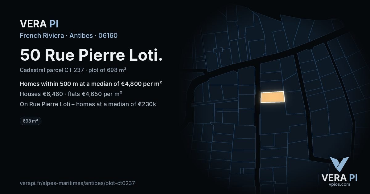 50 Rue Pierre Loti, Antibes at night – the plot lit, the parcels around coloured by the prices near them