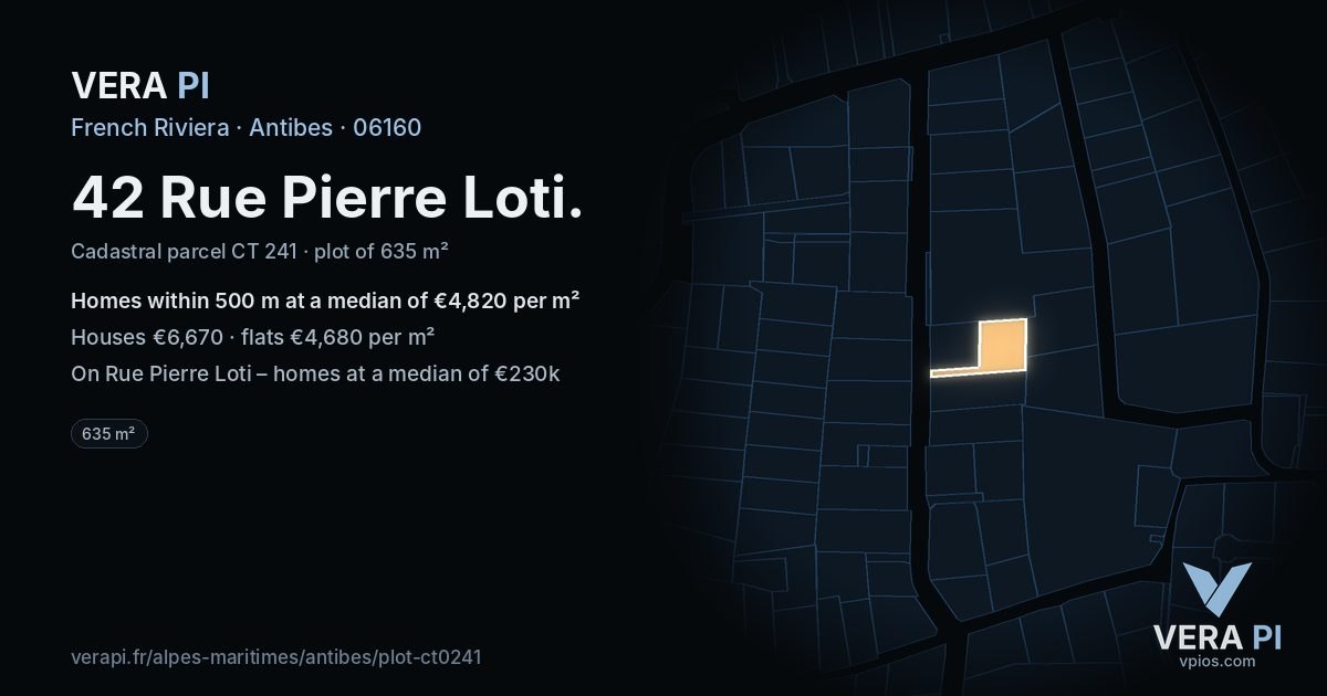 42 Rue Pierre Loti, Antibes at night – the plot lit, the parcels around coloured by the prices near them