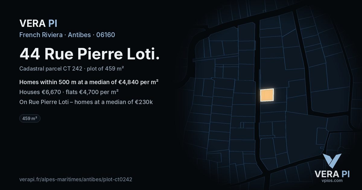 44 Rue Pierre Loti, Antibes at night – the plot lit, the parcels around coloured by the prices near them