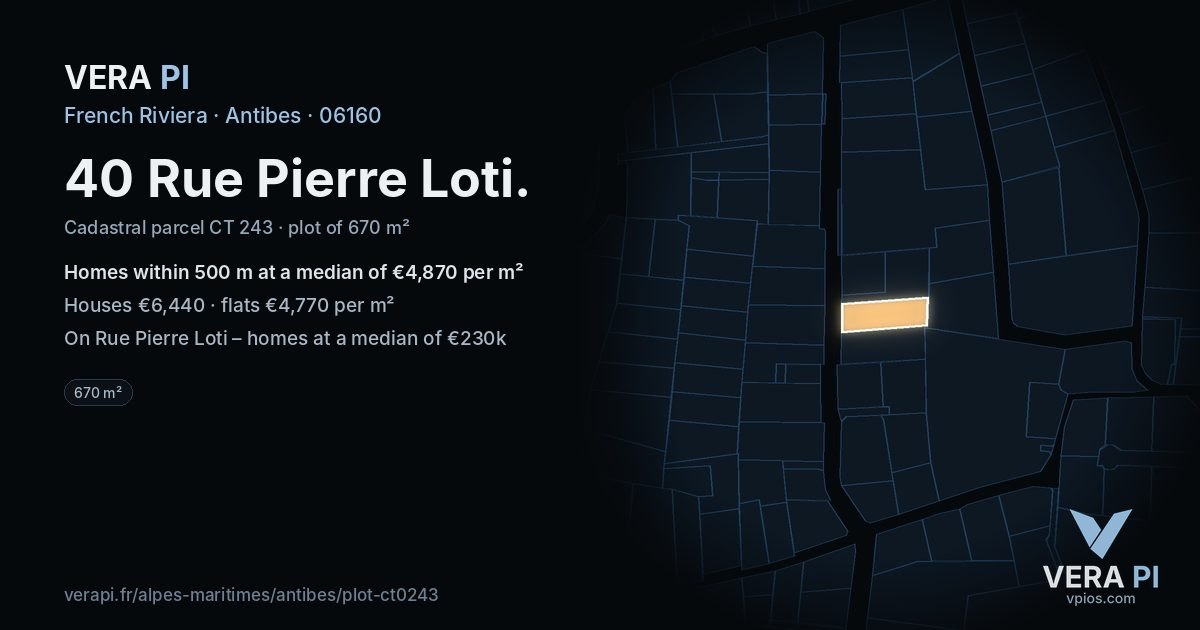 40 Rue Pierre Loti, Antibes at night – the plot lit, the parcels around coloured by the prices near them