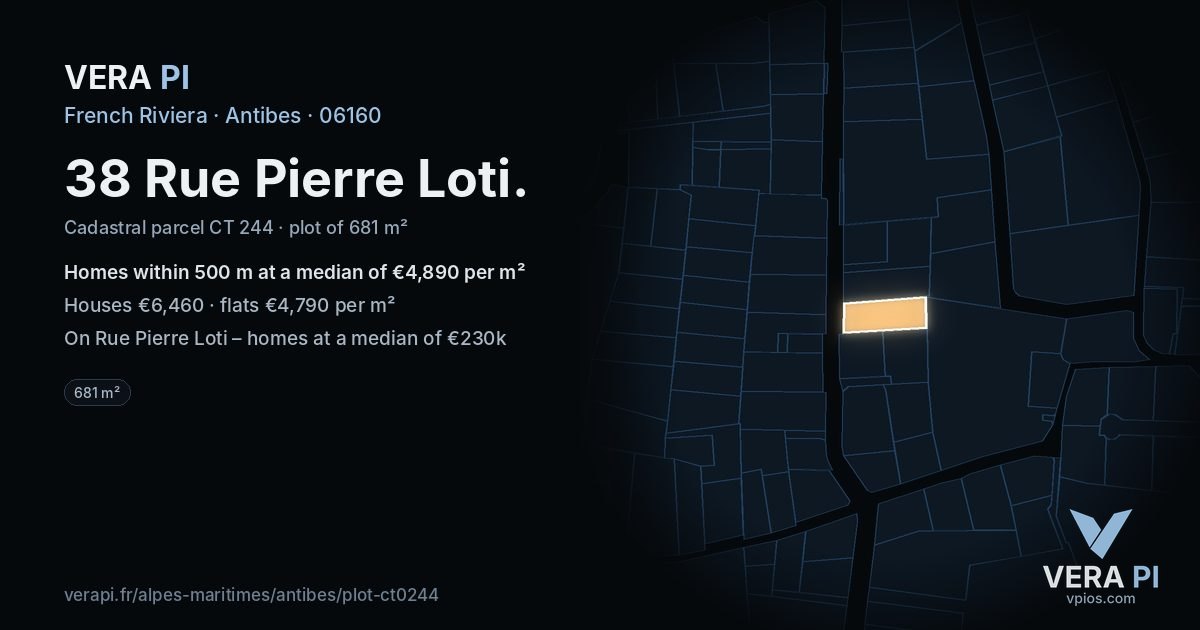 38 Rue Pierre Loti, Antibes at night – the plot lit, the parcels around coloured by the prices near them
