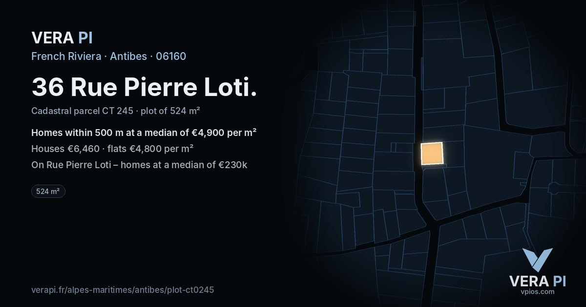 36 Rue Pierre Loti, Antibes at night – the plot lit, the parcels around coloured by the prices near them