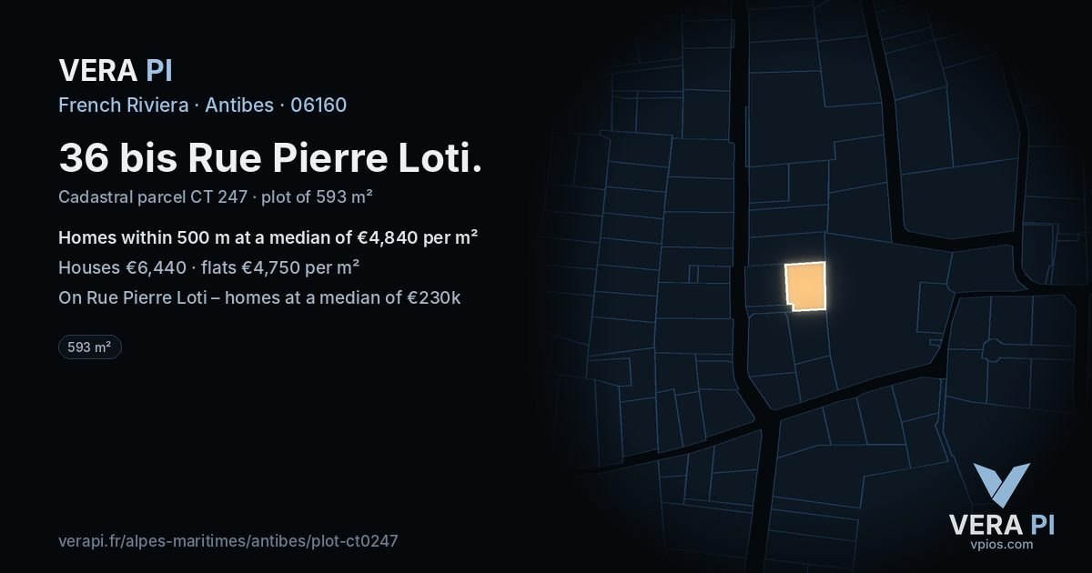 36 bis Rue Pierre Loti, Antibes at night – the plot lit, the parcels around coloured by the prices near them