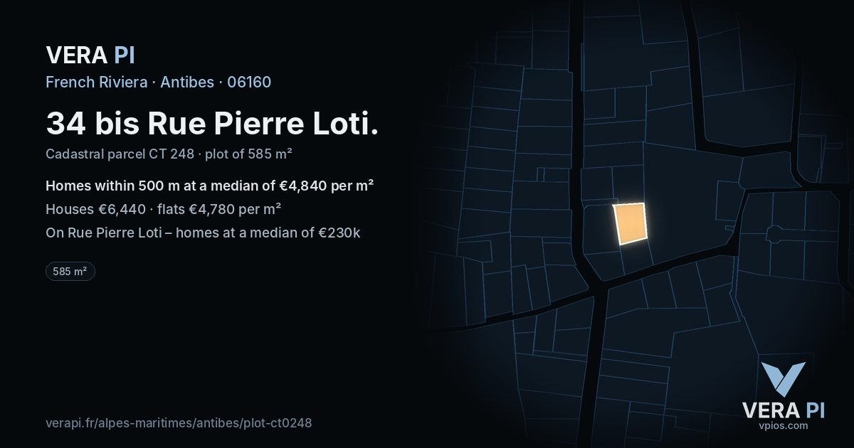 34 bis Rue Pierre Loti, Antibes at night – the plot lit, the parcels around coloured by the prices near them