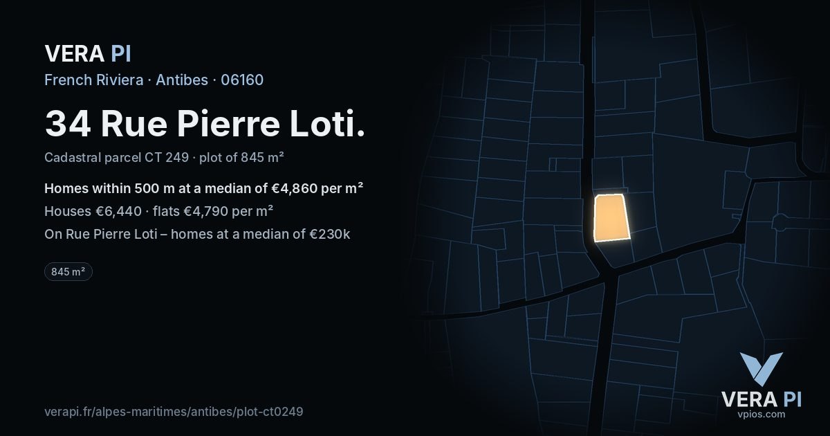34 Rue Pierre Loti, Antibes at night – the plot lit, the parcels around coloured by the prices near them