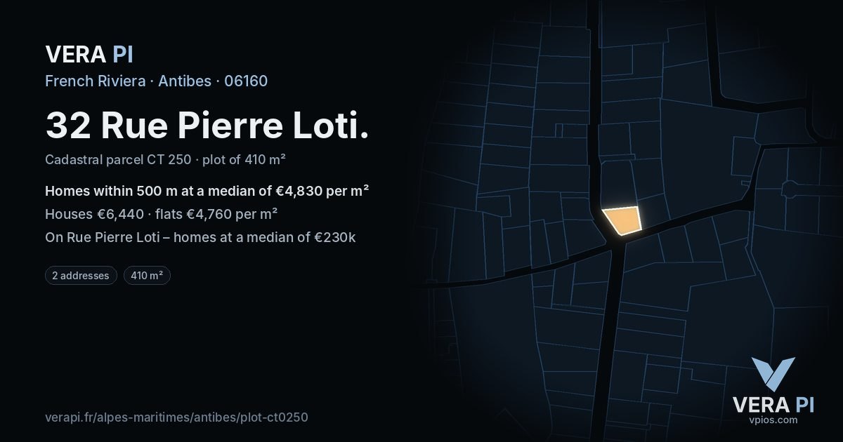 32 Rue Pierre Loti, Antibes at night – the plot lit, the parcels around coloured by the prices near them