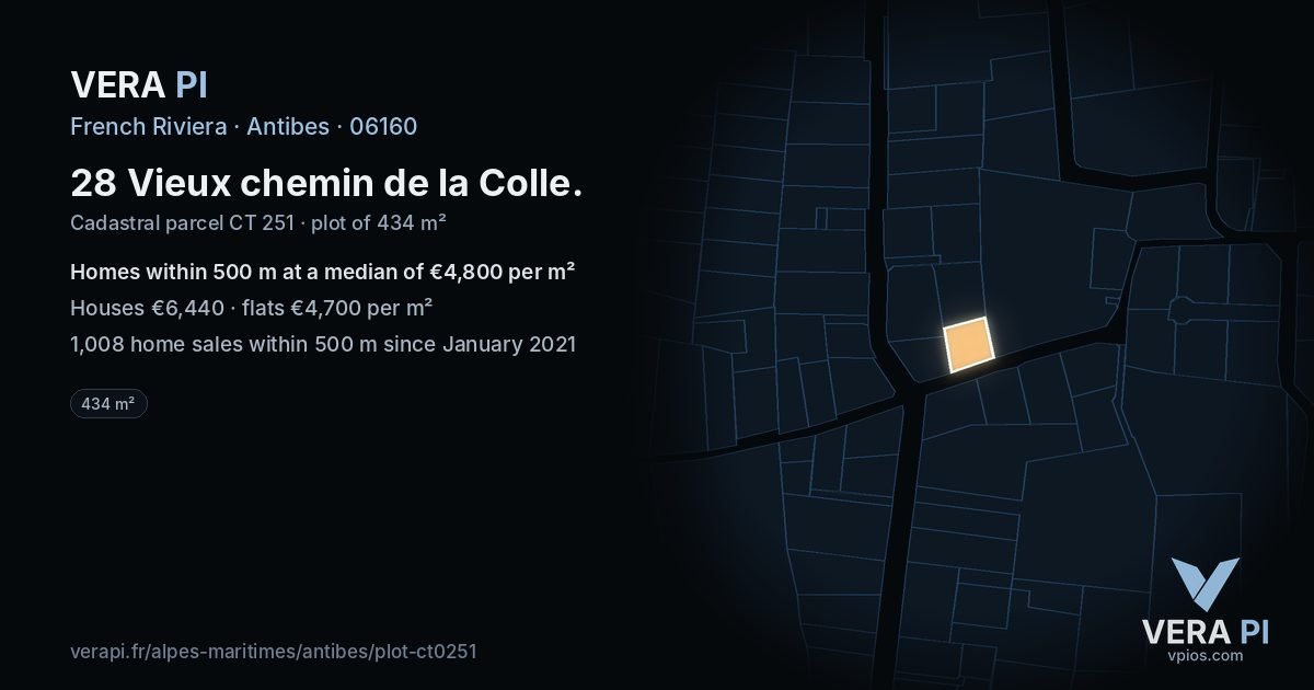 28 Vieux chemin de la Colle, Antibes at night – the plot lit, the parcels around coloured by the prices near them