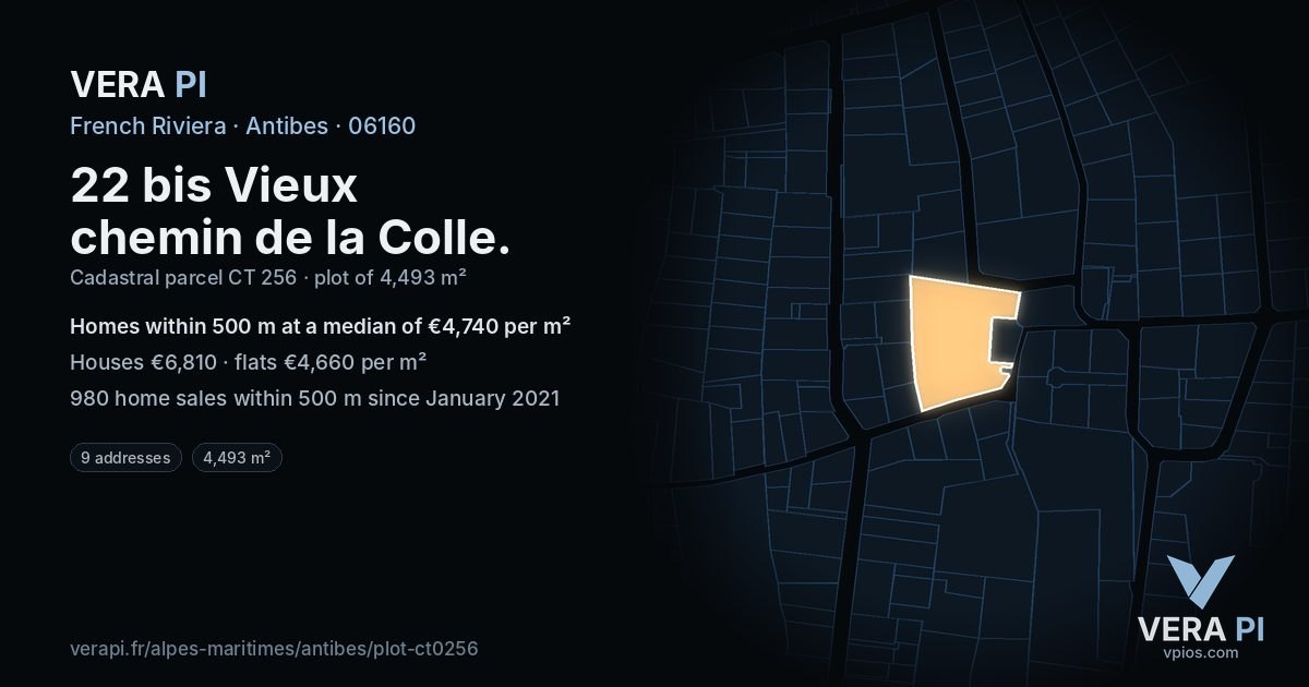 22 bis Vieux chemin de la Colle, Antibes at night – the plot lit, the parcels around coloured by the prices near them