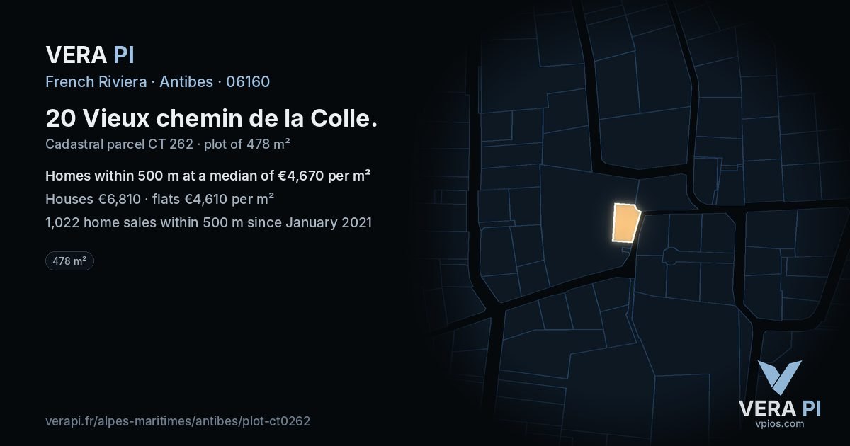 20 Vieux chemin de la Colle, Antibes at night – the plot lit, the parcels around coloured by the prices near them