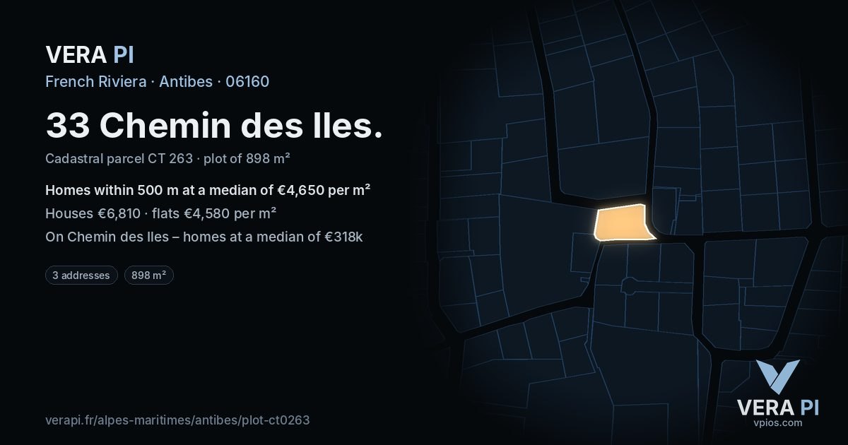 33 Chemin des Iles, Antibes at night – the plot lit, the parcels around coloured by the prices near them