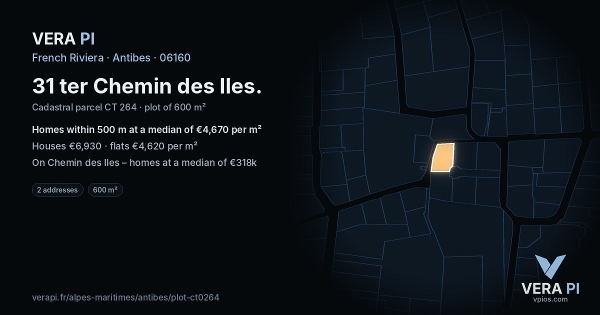 31 ter Chemin des Iles, Antibes at night – the plot lit, the parcels around coloured by the prices near them