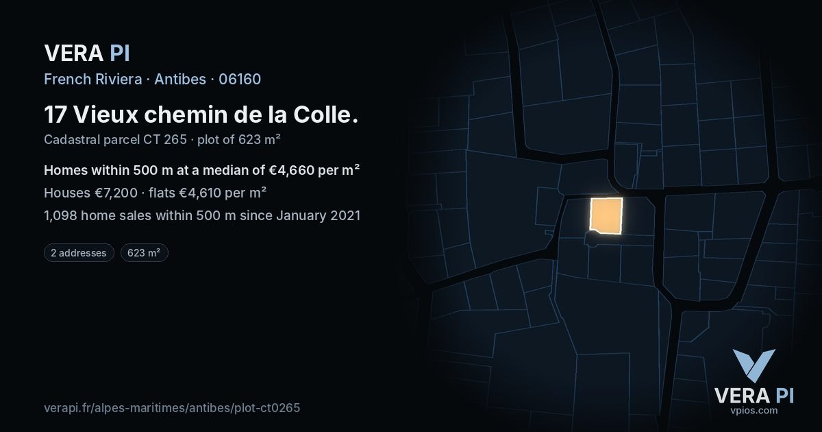 17 Vieux chemin de la Colle, Antibes at night – the plot lit, the parcels around coloured by the prices near them