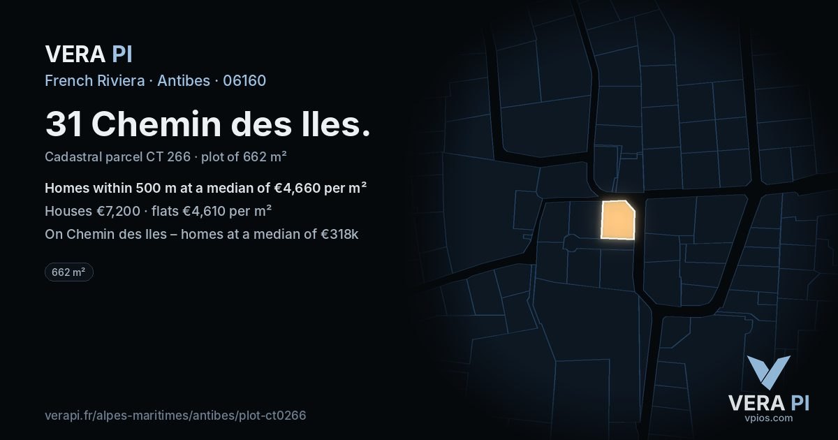 31 Chemin des Iles, Antibes at night – the plot lit, the parcels around coloured by the prices near them