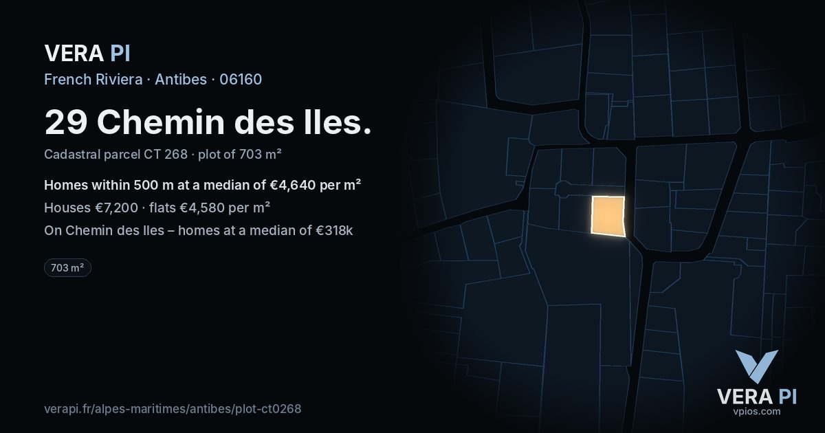 29 Chemin des Iles, Antibes at night – the plot lit, the parcels around coloured by the prices near them