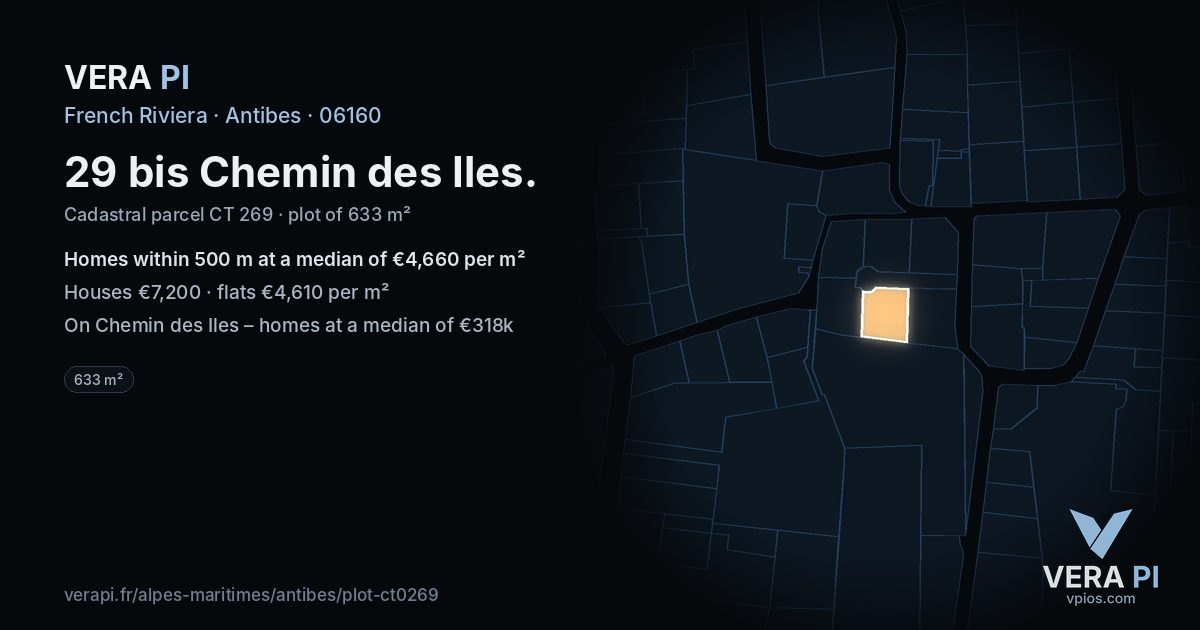 29 bis Chemin des Iles, Antibes at night – the plot lit, the parcels around coloured by the prices near them