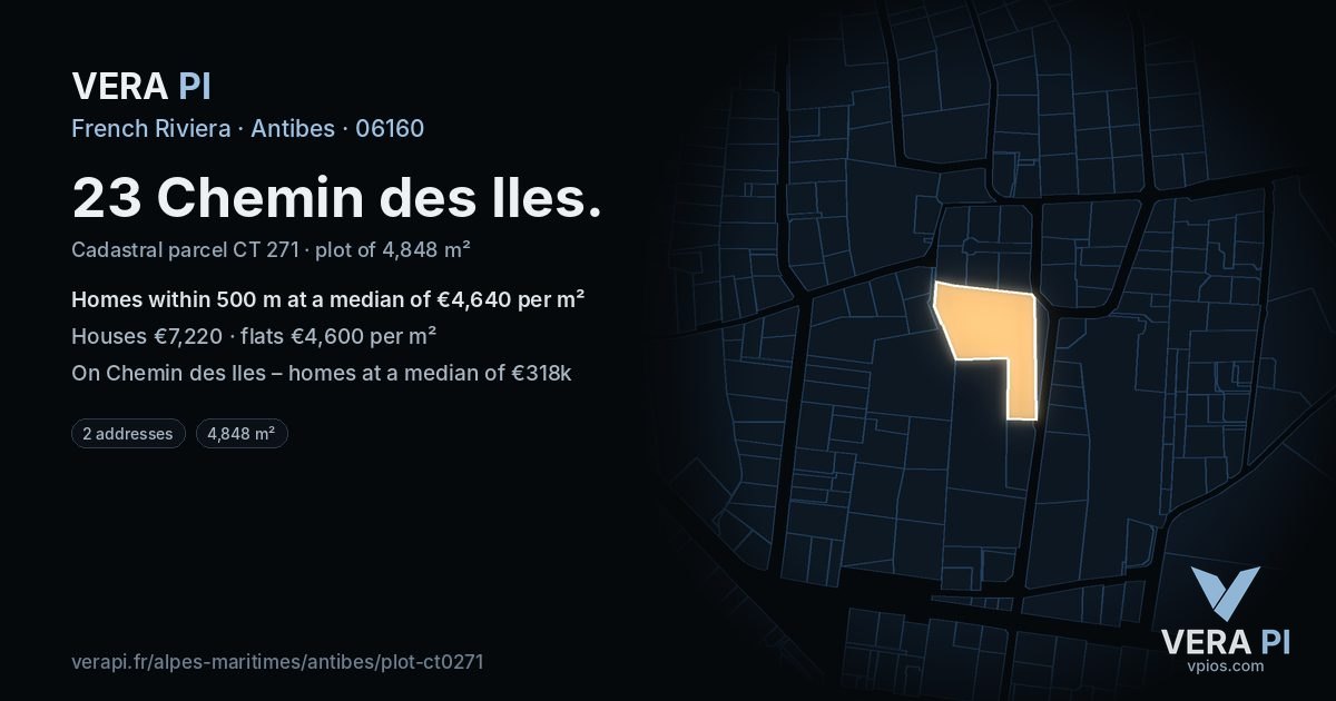 23 Chemin des Iles, Antibes at night – the plot lit, the parcels around coloured by the prices near them