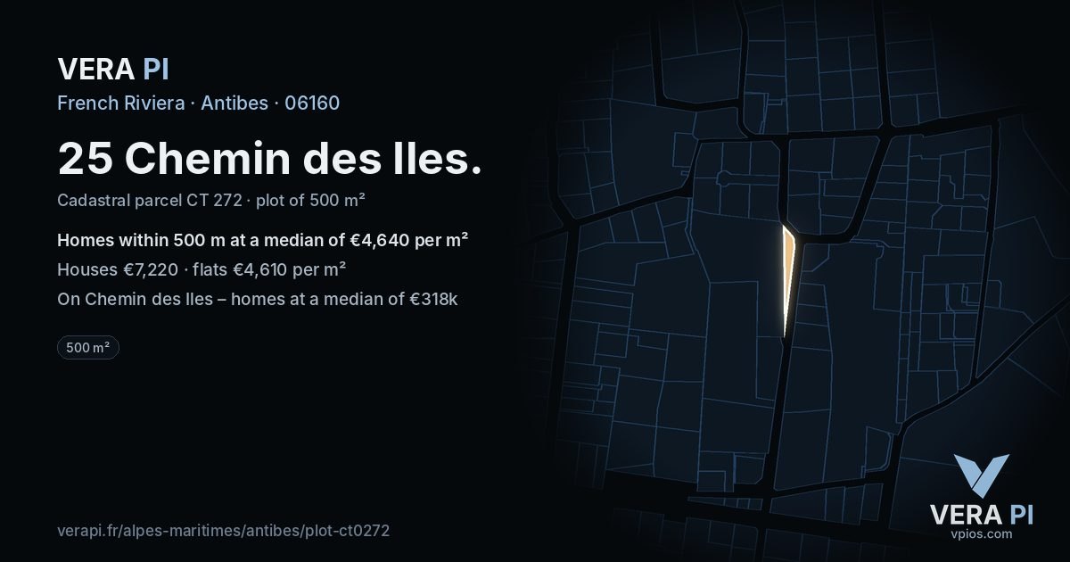 25 Chemin des Iles, Antibes at night – the plot lit, the parcels around coloured by the prices near them