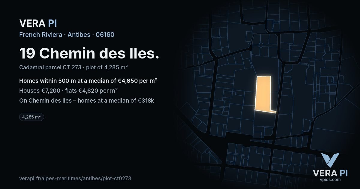 19 Chemin des Iles, Antibes at night – the plot lit, the parcels around coloured by the prices near them