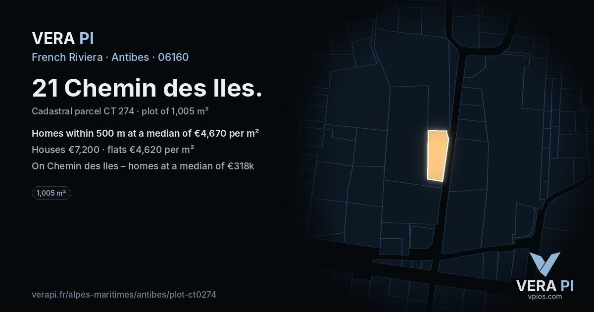 21 Chemin des Iles, Antibes at night – the plot lit, the parcels around coloured by the prices near them