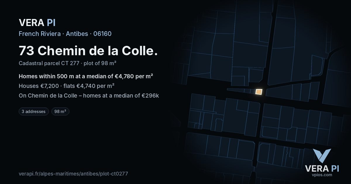 73 Chemin de la Colle, Antibes at night – the plot lit, the parcels around coloured by the prices near them