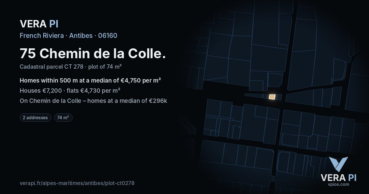75 Chemin de la Colle, Antibes at night – the plot lit, the parcels around coloured by the prices near them
