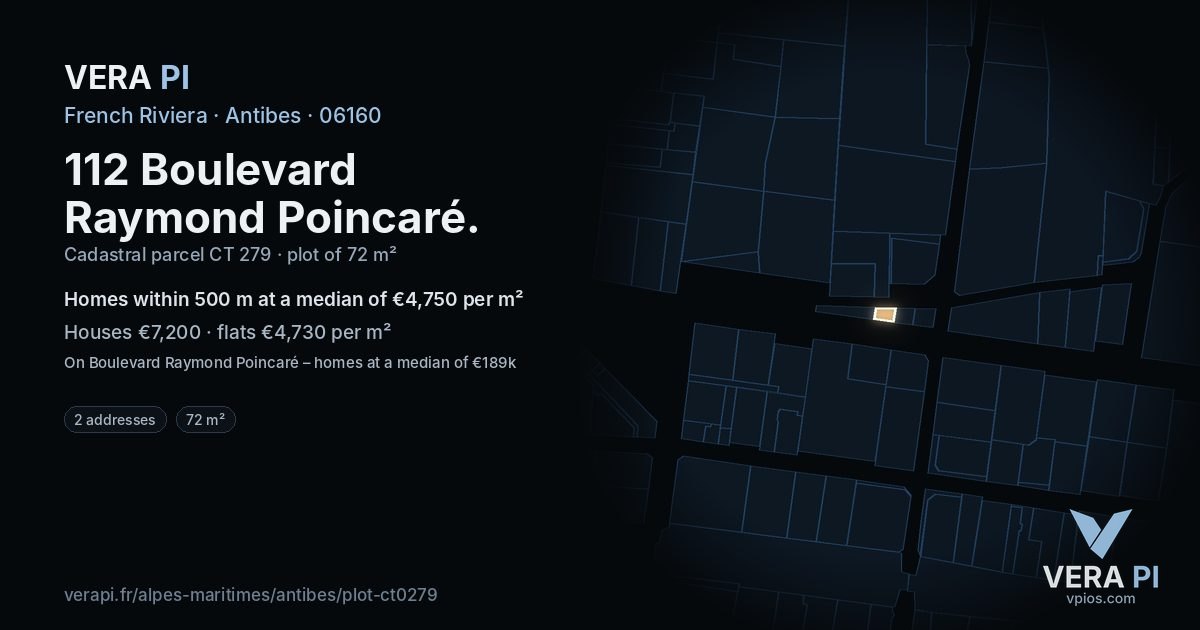 112 Boulevard Raymond Poincaré, Antibes at night – the plot lit, the parcels around coloured by the prices near them