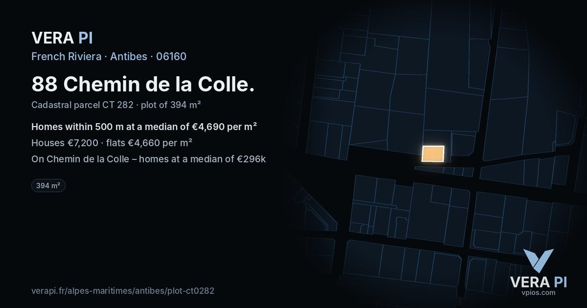 88 Chemin de la Colle, Antibes at night – the plot lit, the parcels around coloured by the prices near them