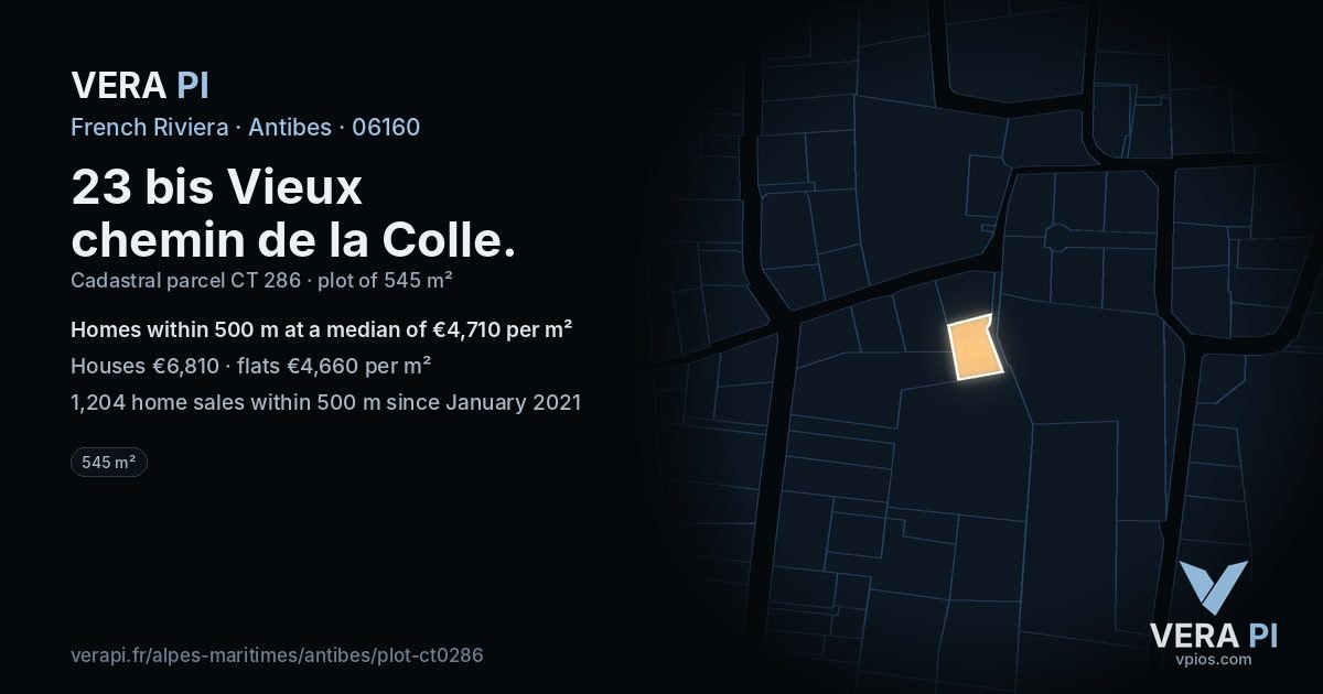 23 bis Vieux chemin de la Colle, Antibes at night – the plot lit, the parcels around coloured by the prices near them