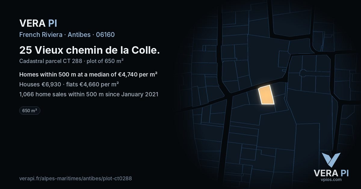 25 Vieux chemin de la Colle, Antibes at night – the plot lit, the parcels around coloured by the prices near them