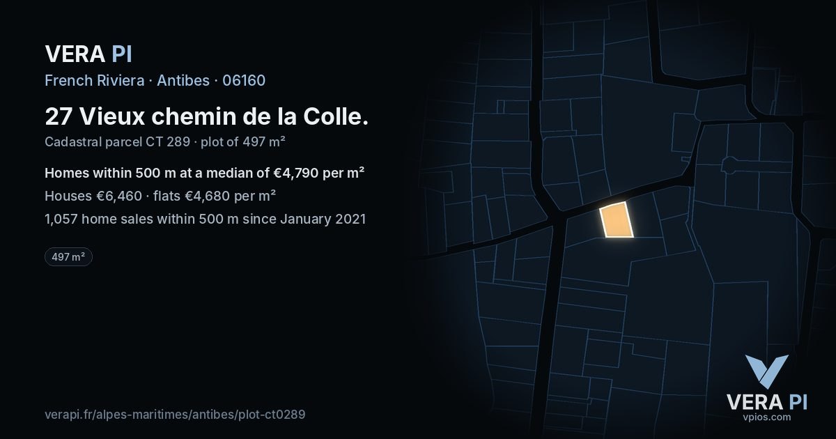 27 Vieux chemin de la Colle, Antibes at night – the plot lit, the parcels around coloured by the prices near them