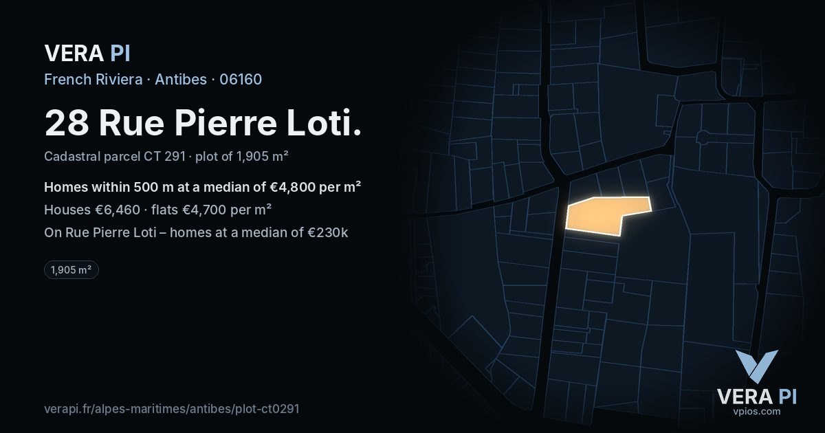 28 Rue Pierre Loti, Antibes at night – the plot lit, the parcels around coloured by the prices near them