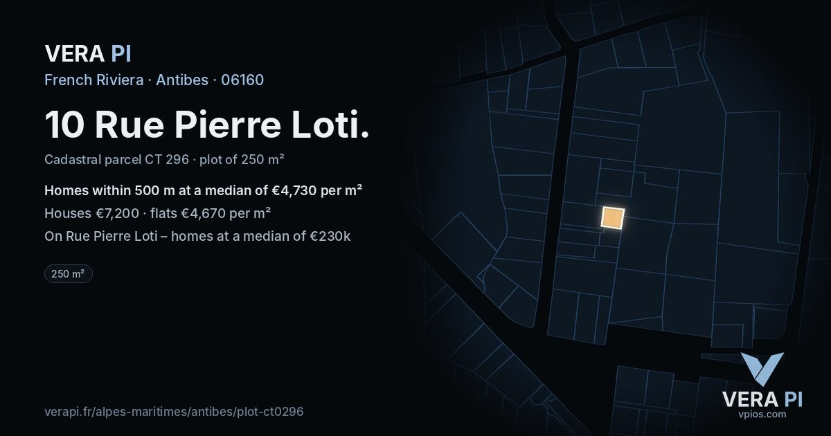 10 Rue Pierre Loti, Antibes at night – the plot lit, the parcels around coloured by the prices near them