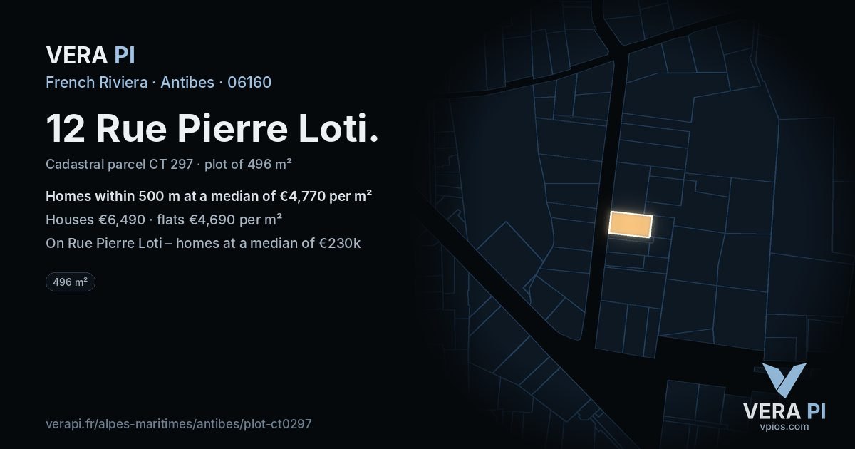 12 Rue Pierre Loti, Antibes at night – the plot lit, the parcels around coloured by the prices near them