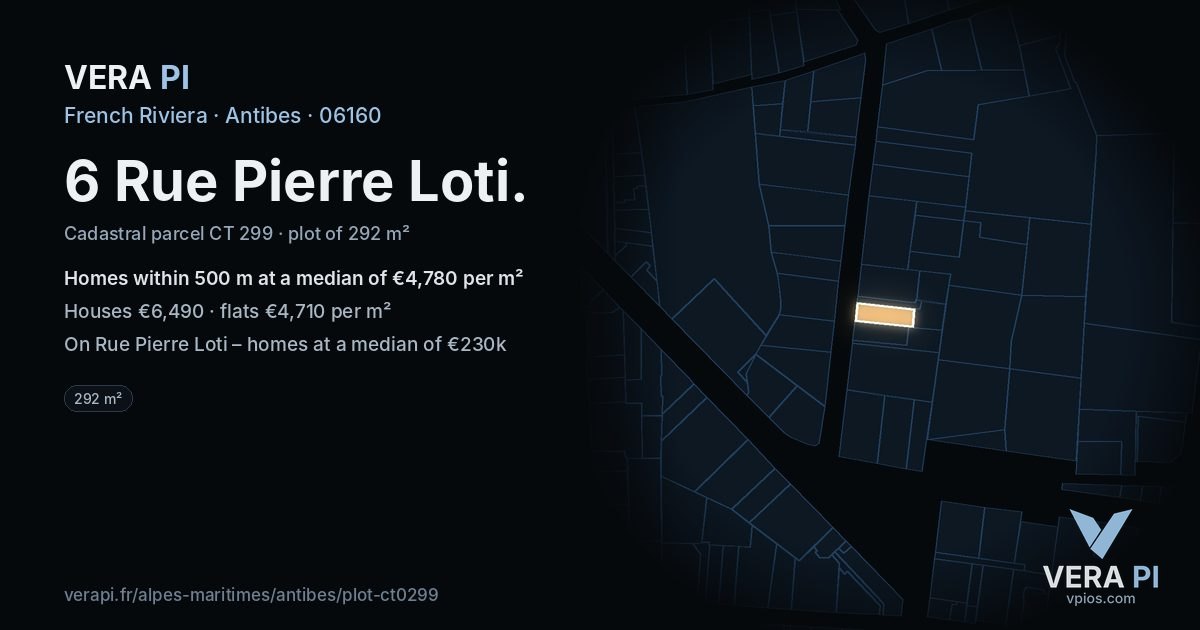 6 Rue Pierre Loti, Antibes at night – the plot lit, the parcels around coloured by the prices near them
