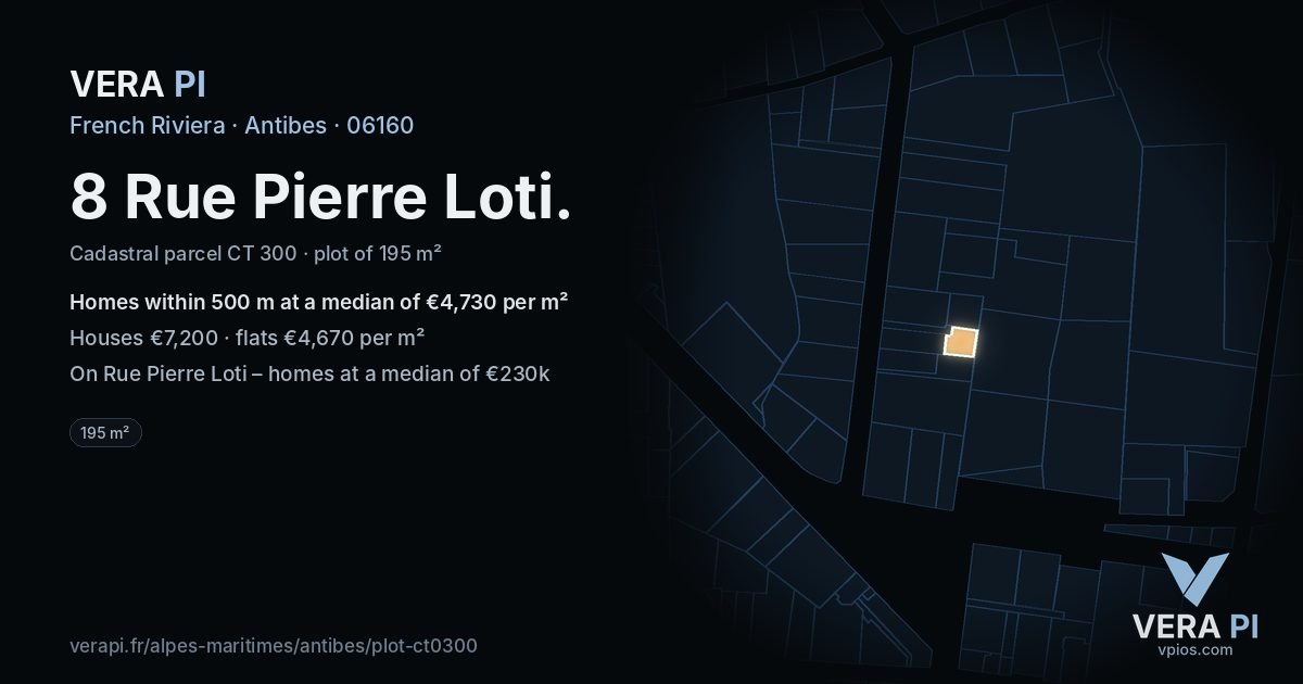 8 Rue Pierre Loti, Antibes at night – the plot lit, the parcels around coloured by the prices near them
