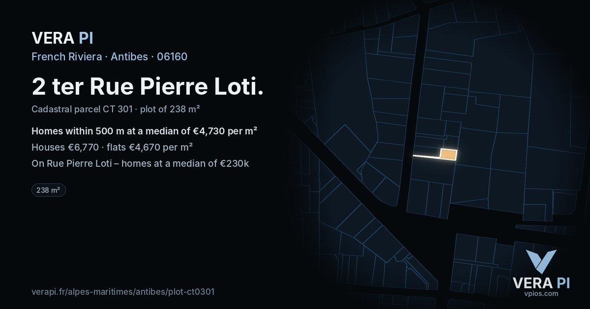 2 ter Rue Pierre Loti, Antibes at night – the plot lit, the parcels around coloured by the prices near them