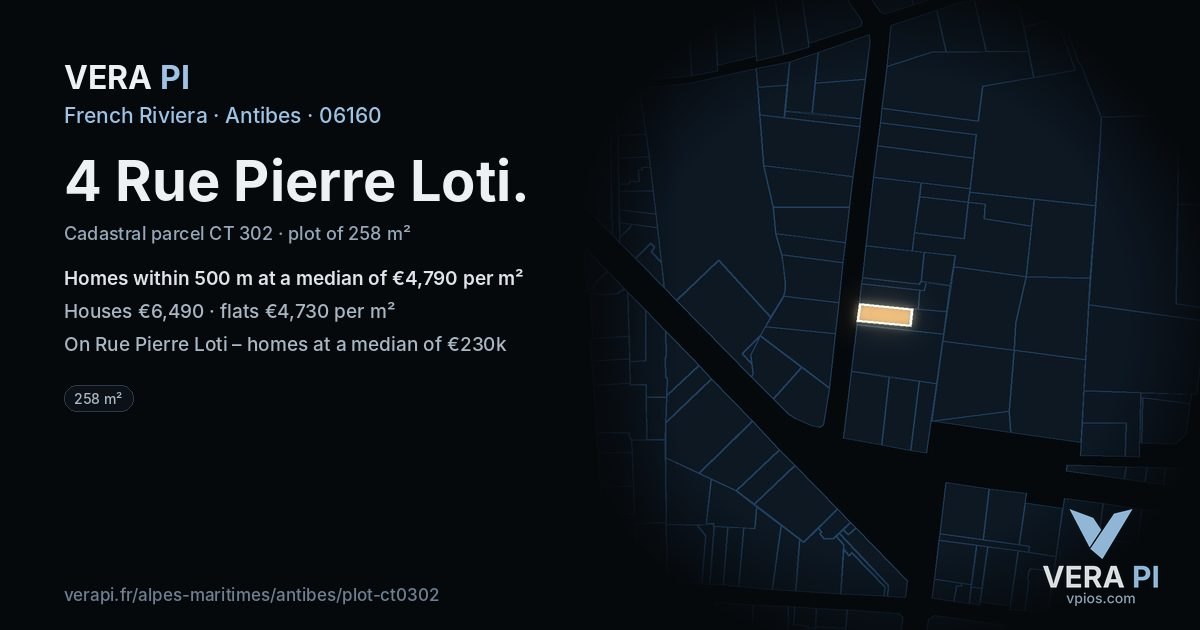4 Rue Pierre Loti, Antibes at night – the plot lit, the parcels around coloured by the prices near them