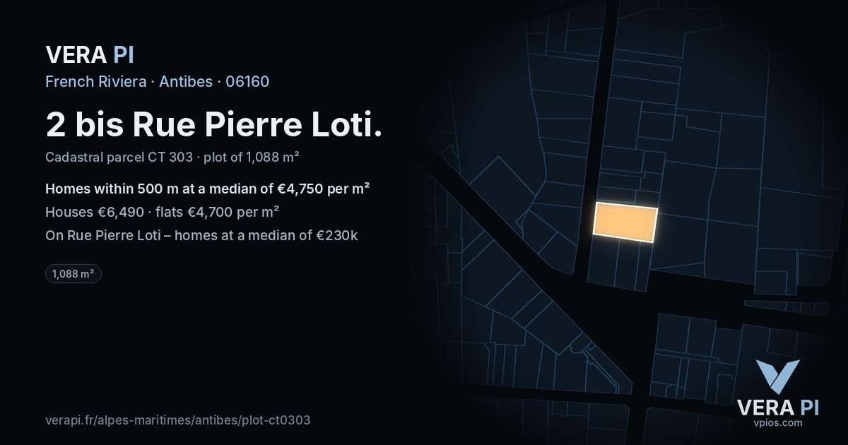 2 bis Rue Pierre Loti, Antibes at night – the plot lit, the parcels around coloured by the prices near them