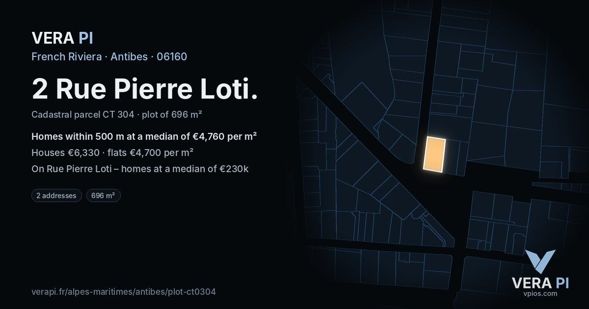 2 Rue Pierre Loti, Antibes at night – the plot lit, the parcels around coloured by the prices near them