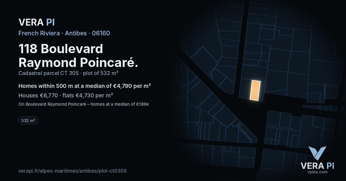 118 Boulevard Raymond Poincaré, Antibes at night – the plot lit, the parcels around coloured by the prices near them