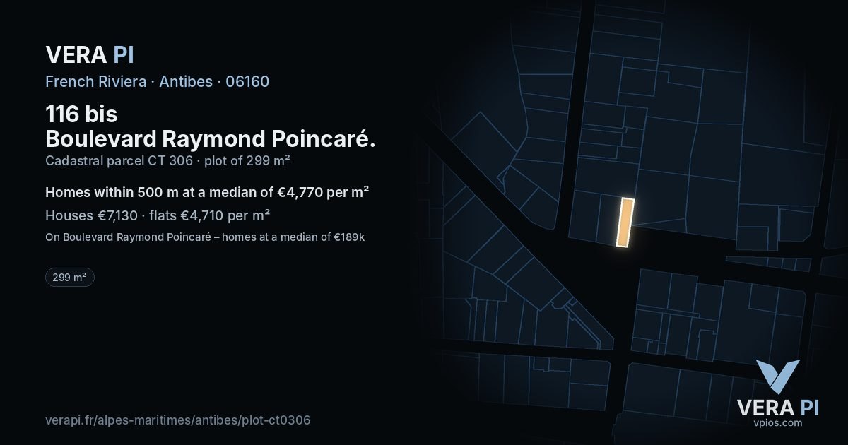 116 bis Boulevard Raymond Poincaré, Antibes at night – the plot lit, the parcels around coloured by the prices near them