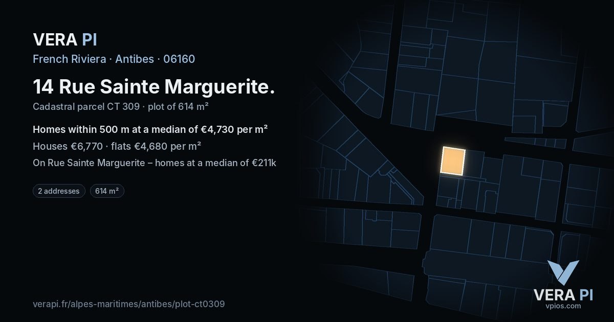 14 Rue Sainte Marguerite, Antibes at night – the plot lit, the parcels around coloured by the prices near them