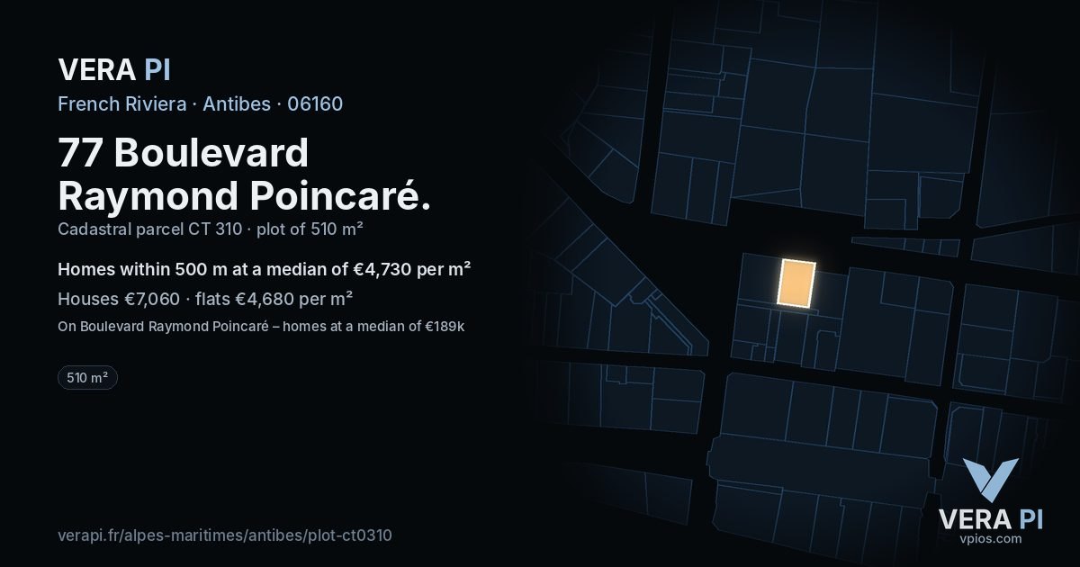 77 Boulevard Raymond Poincaré, Antibes at night – the plot lit, the parcels around coloured by the prices near them