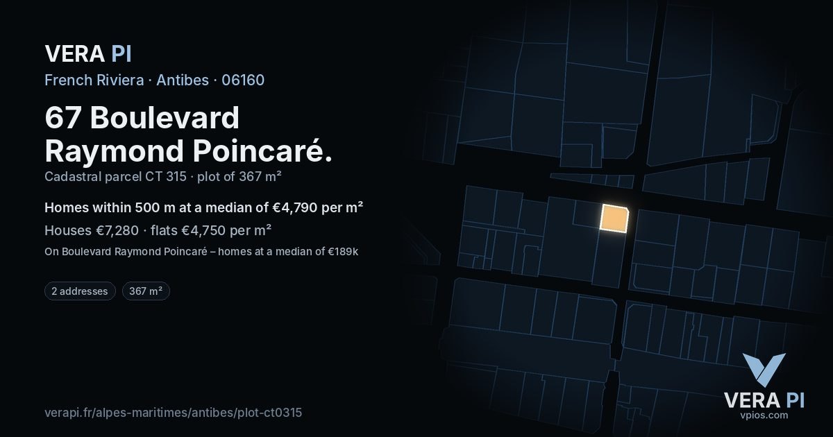 67 Boulevard Raymond Poincaré, Antibes at night – the plot lit, the parcels around coloured by the prices near them