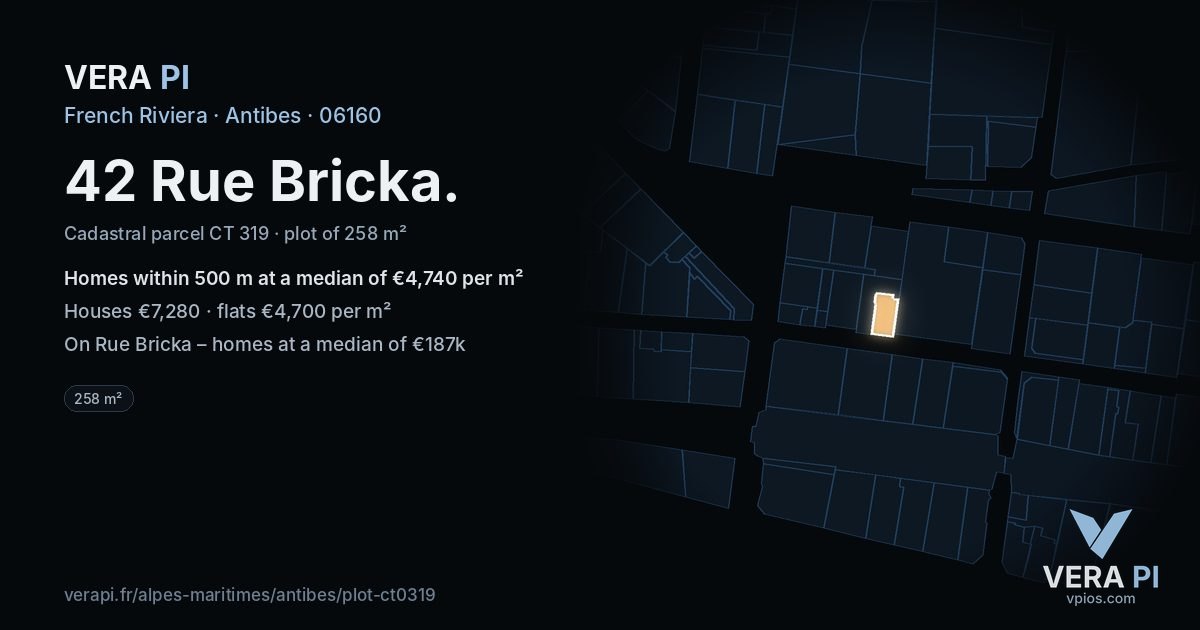 42 Rue Bricka, Antibes at night – the plot lit, the parcels around coloured by the prices near them