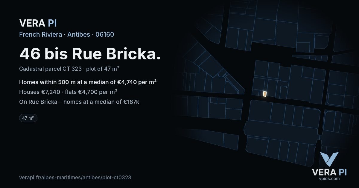 46 bis Rue Bricka, Antibes at night – the plot lit, the parcels around coloured by the prices near them